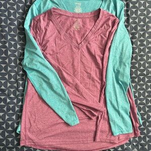 Danskin NOW V-Neck Long Sleeve Tops - Pink and Teal